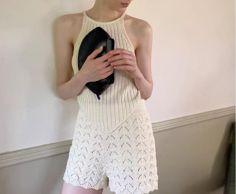 Spaghetti Strap Plain Knit Camisole Top / High Waist Shorts / Pointelle Cardigan / Set