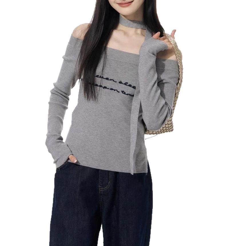 Long-Sleeve Off Shoulder Lettering T-Shirt