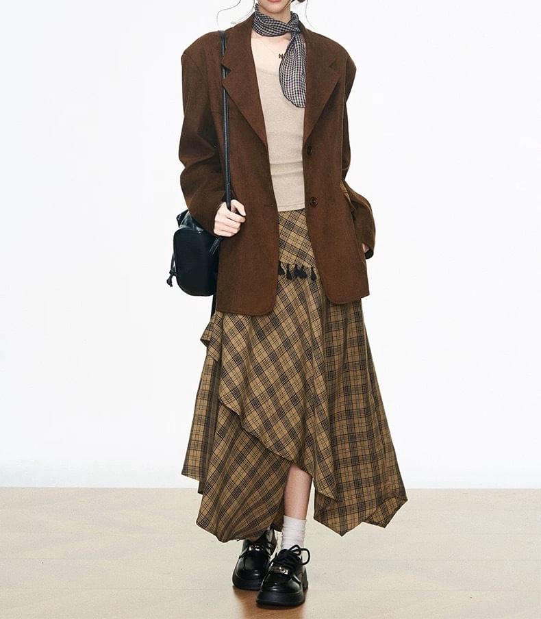 Lapel Blazer, Plaid Maxi Skirt & Tee Set