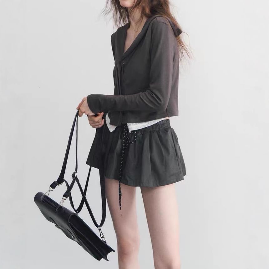 Hooded Button Top & Drawstring Mini A-Line Skirt