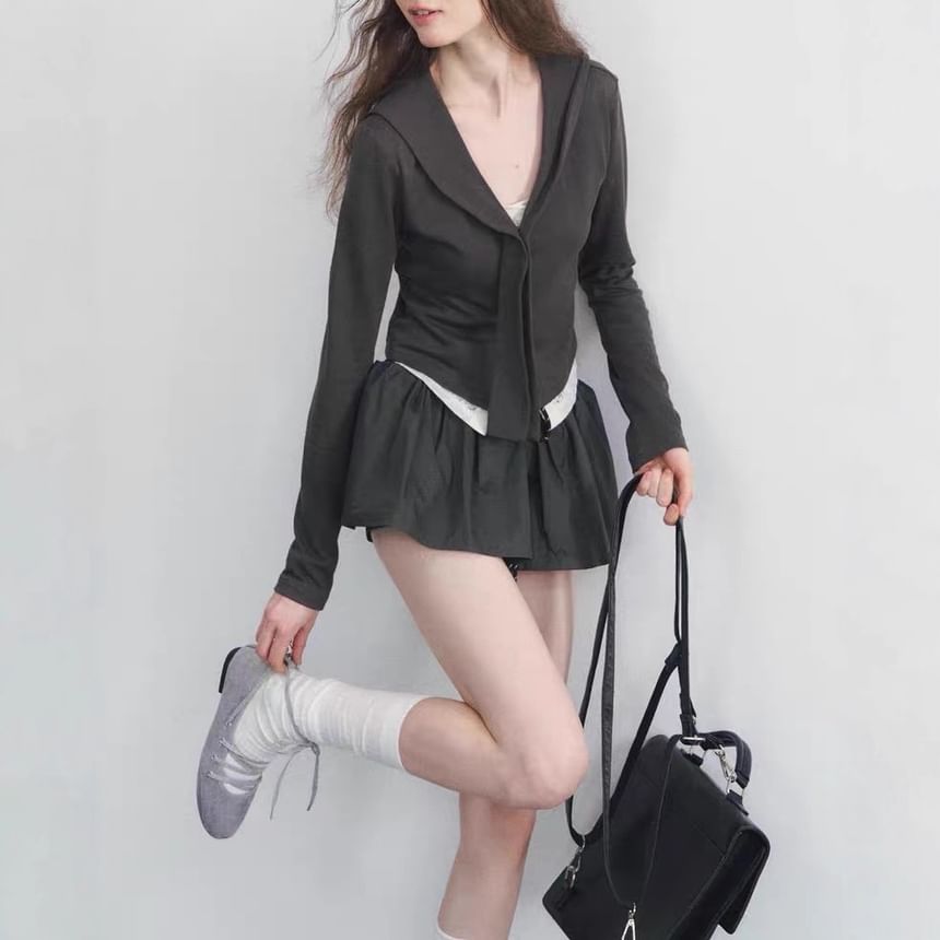 Hooded Plain Button Up Top / Drawstring Waist Plain Mini A-Line Skirt