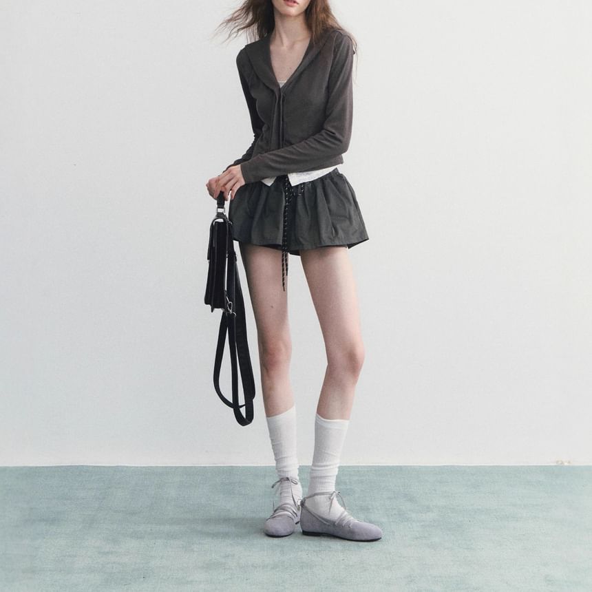 Hooded Plain Button Up Top / Drawstring Waist Plain Mini A-Line Skirt