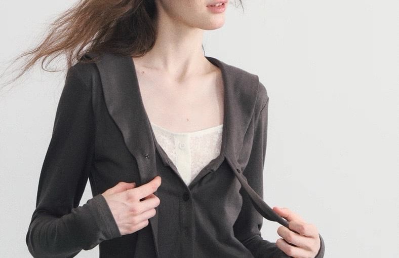 Hooded Plain Button Up Top / Drawstring Waist Plain Mini A-Line Skirt