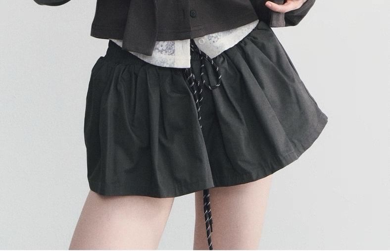 Hooded Plain Button Up Top / Drawstring Waist Plain Mini A-Line Skirt