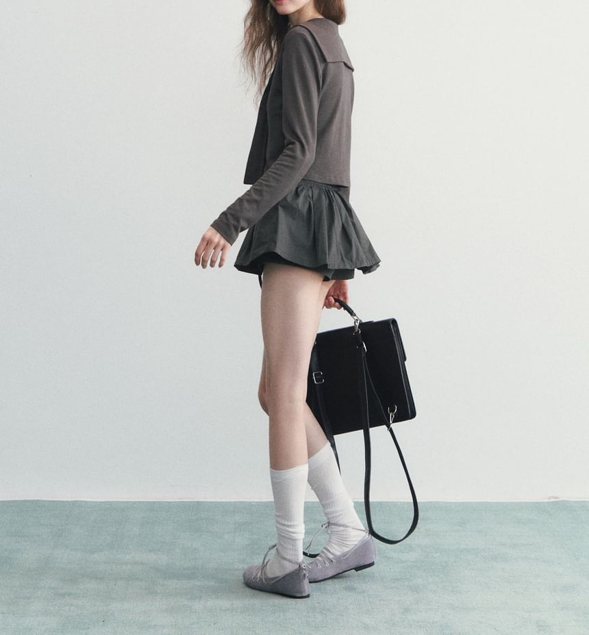 Hooded Plain Button Up Top / Drawstring Waist Plain Mini A-Line Skirt