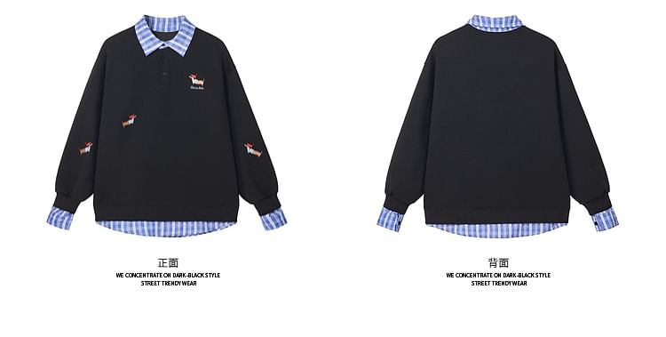 Plaid Trim Dog Embroidered Mock Two-Piece Pullover