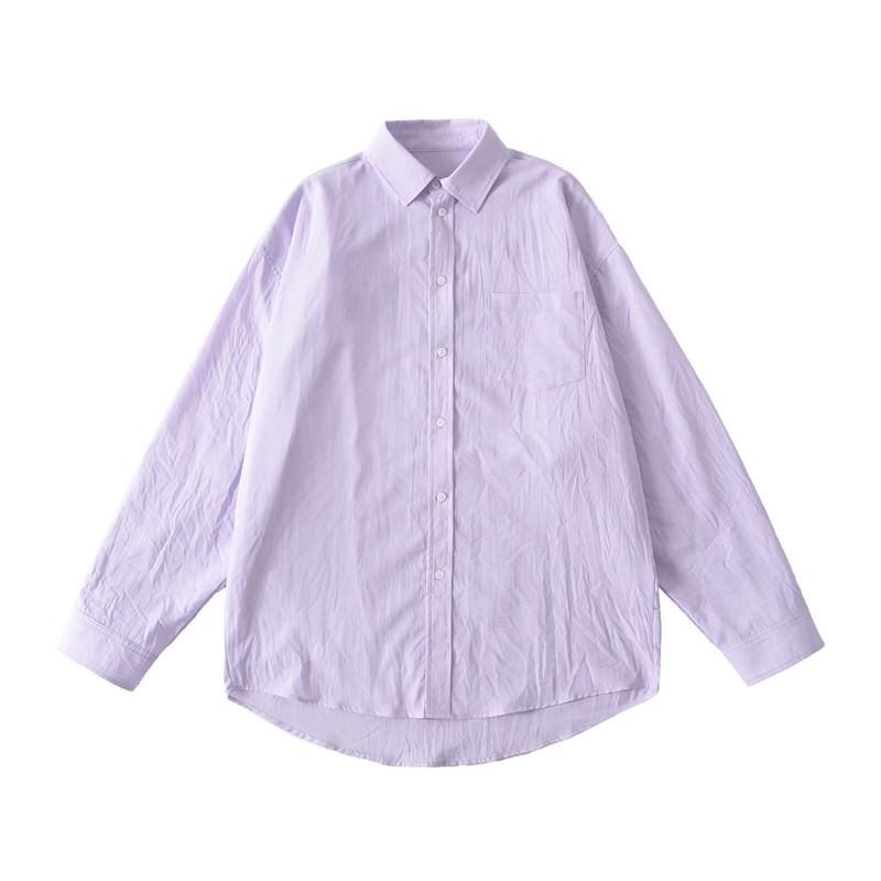 Plain Collared Long-Sleeved Button-Up Shirt