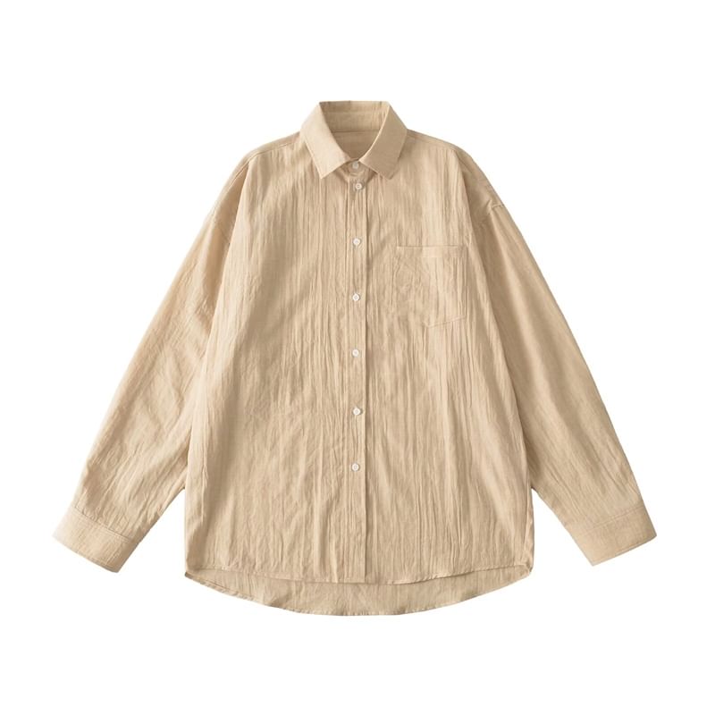 Plain Collared Long-Sleeved Button-Up Shirt