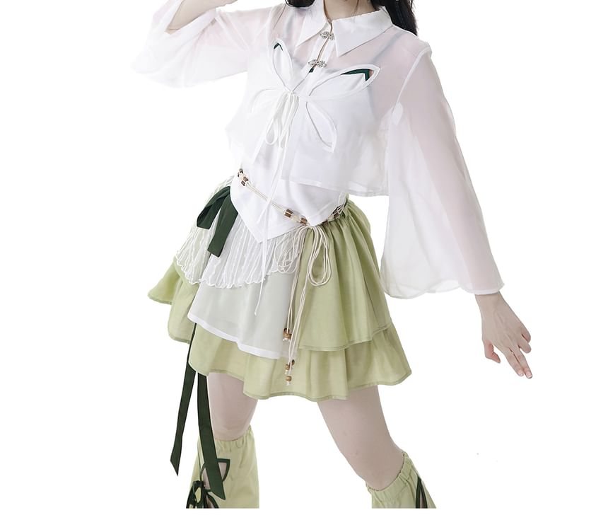 Collared Blouse + Trim Cami + Midi Skirt + Leg Warmers Set