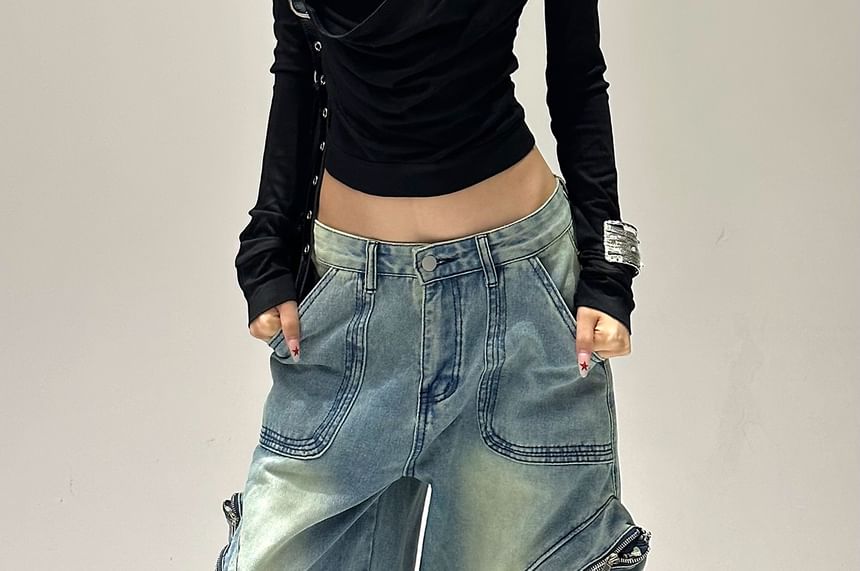 Plain Slim-Fit Mock Two-Piece Long-Sleeved Polo Crop Shirt