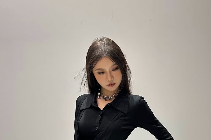 Plain Slim-Fit Mock Two-Piece Long-Sleeved Polo Crop Shirt