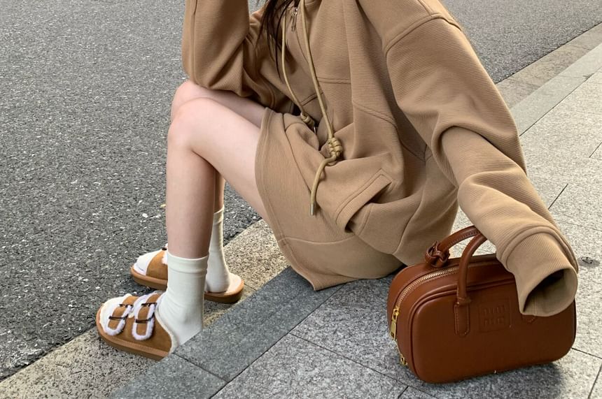 Plain Drawstring Zip Hoodie & High-Waist Mini A-Line Skirt