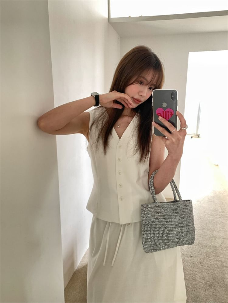 V-Neck Button-Up Vest & Midi A-Line Skirt