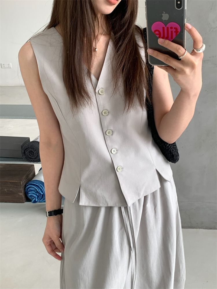 V-Neck Button-Up Vest & Midi A-Line Skirt