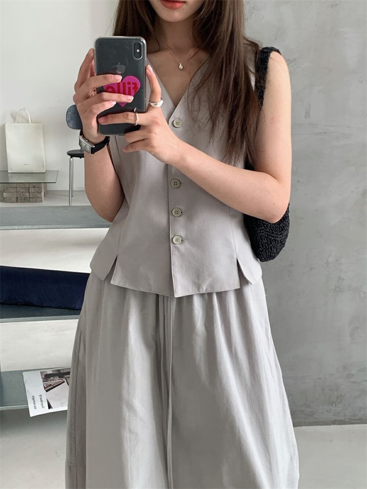V-Neck Button-Up Vest & Midi A-Line Skirt