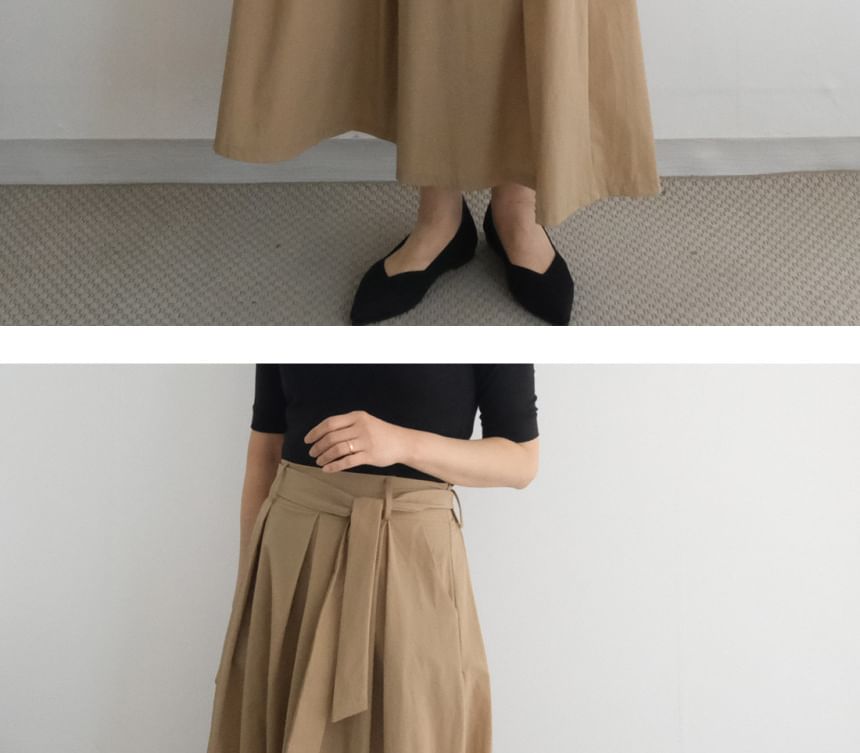Plain Tie-Side Midi A-Line Skirt - High Rise