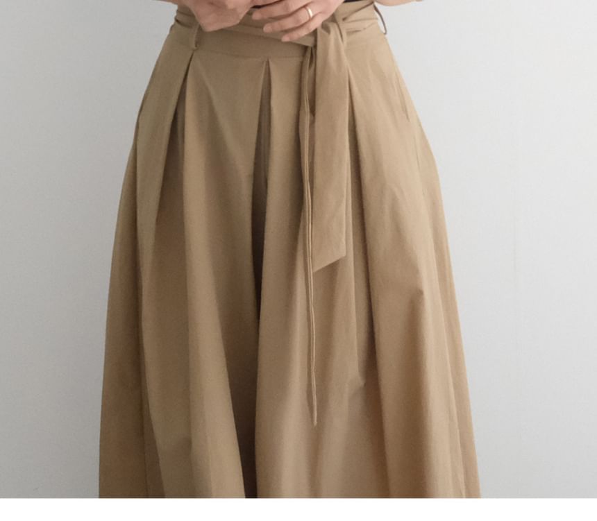 Plain Tie-Side Midi A-Line Skirt - High Rise