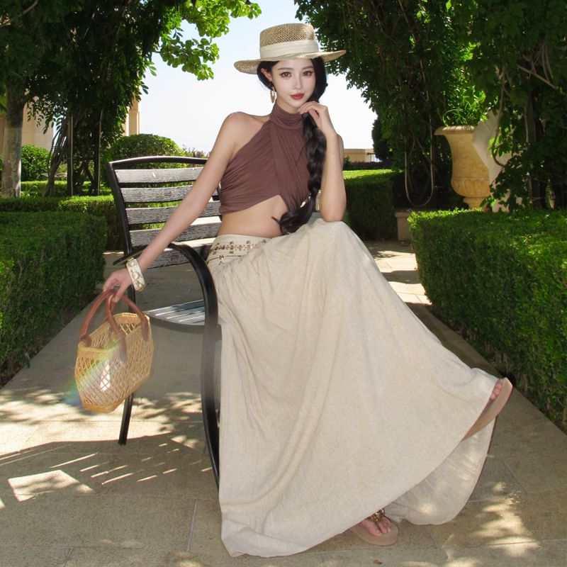 Mock Neck Crop Top & Maxi A-Line Skirt