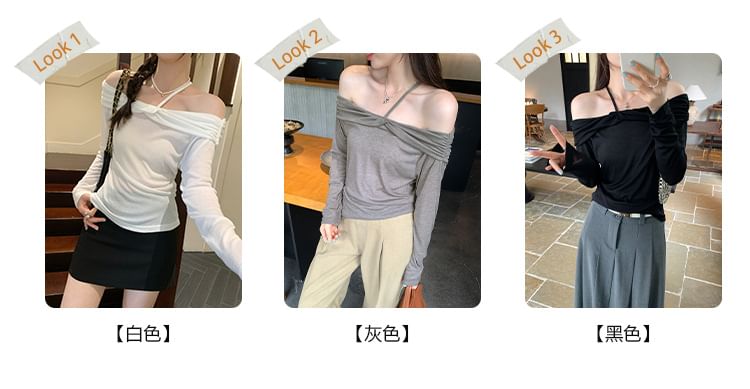 Plain Ruched Off-Shoulder Long-Sleeved Tee