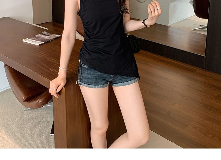 Plain Asymmetric Drawstring Halter Racerback Top