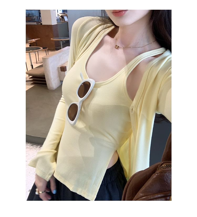 Padded Scoop Neck Slit Crop Tank + Button-Up Cardigan Set