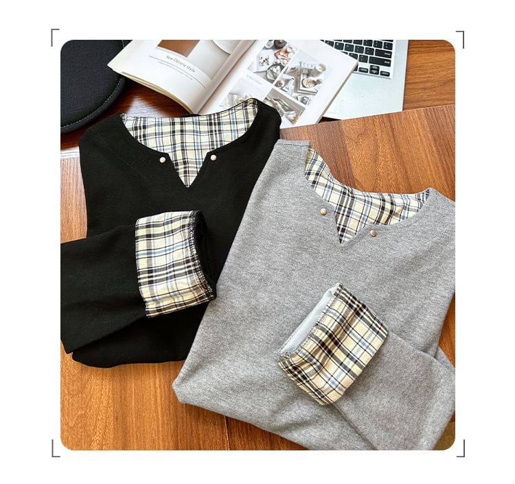 Plaid Panel Notch Neck Mock Two-Piece Long-Sleeved Tee