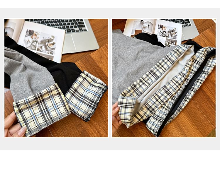 Plaid Panel Notch Neck Mock Two-Piece Long-Sleeved Tee
