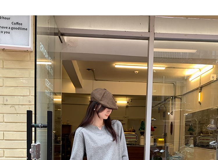 Plaid Panel Notch Neck Mock Two-Piece Long-Sleeved Tee