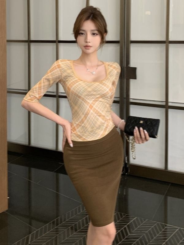 Square Neck Plaid Top & Pencil Skirt