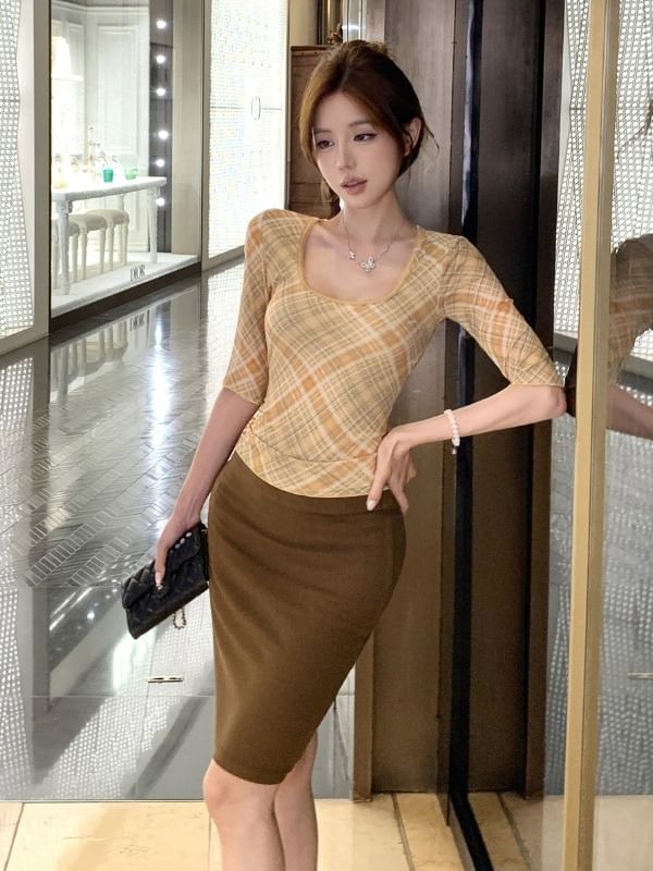 Square Neck Plaid Top & Pencil Skirt