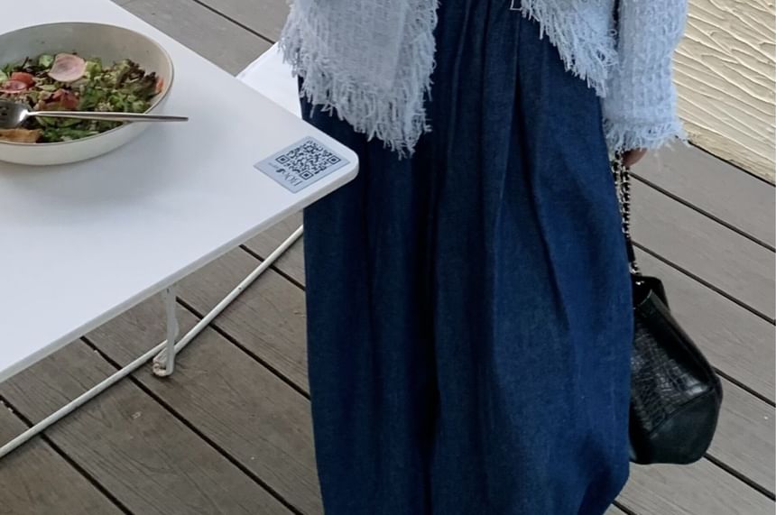 V-Neck Fringed Button-Up Plain Tweed Jacket