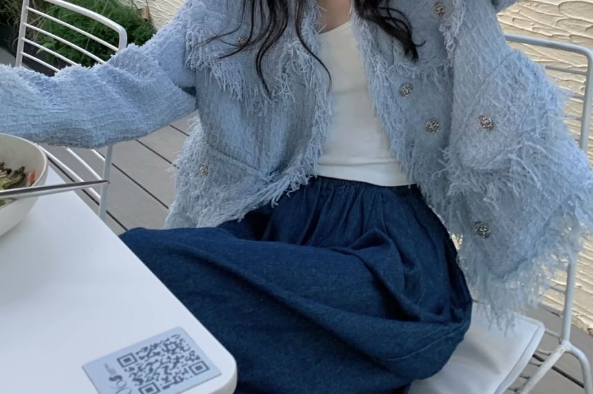 V-Neck Fringed Button-Up Plain Tweed Jacket