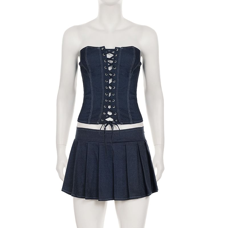 Denim Lace Up Strapless Tube Top + Mini A-Line Skirt Set