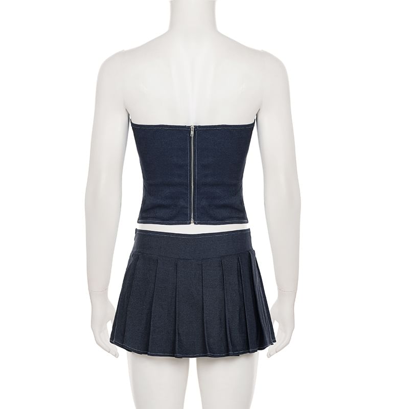 Denim Lace Up Strapless Tube Top + Mini A-Line Skirt Set