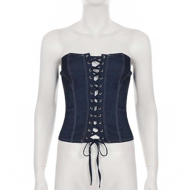 Denim Lace Up Strapless Tube Top + Mini A-Line Skirt Set