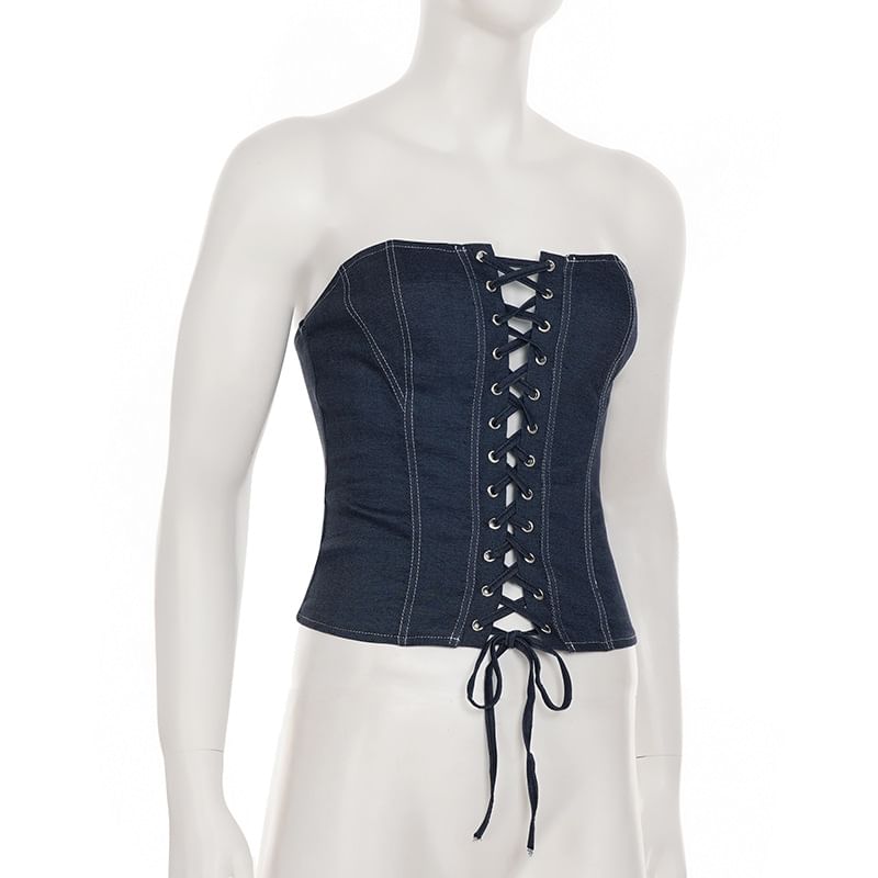 Denim Lace Up Strapless Tube Top + Mini A-Line Skirt Set