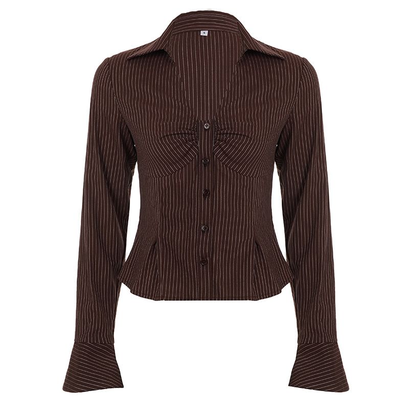 Plain Ruched Collared V-Neck Button-Up Shirt