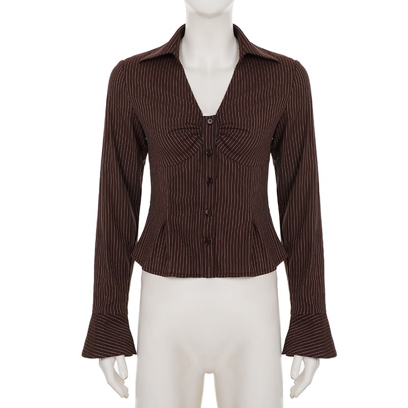 Plain Ruched Collared V-Neck Button-Up Shirt