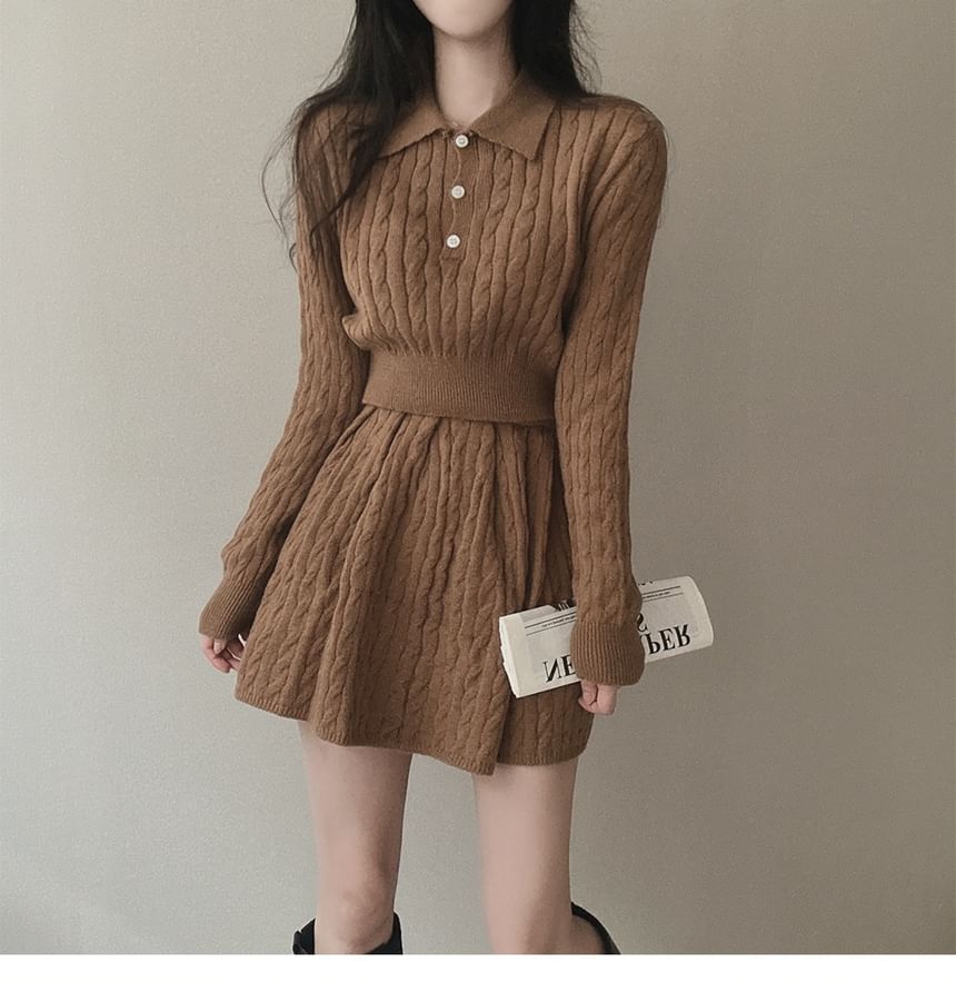 Cable-Knit Cropped Polo Sweater and Pleated Mini Skirt Set