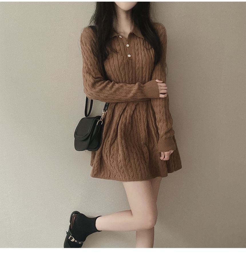 Cable-Knit Cropped Polo Sweater and Pleated Mini Skirt Set