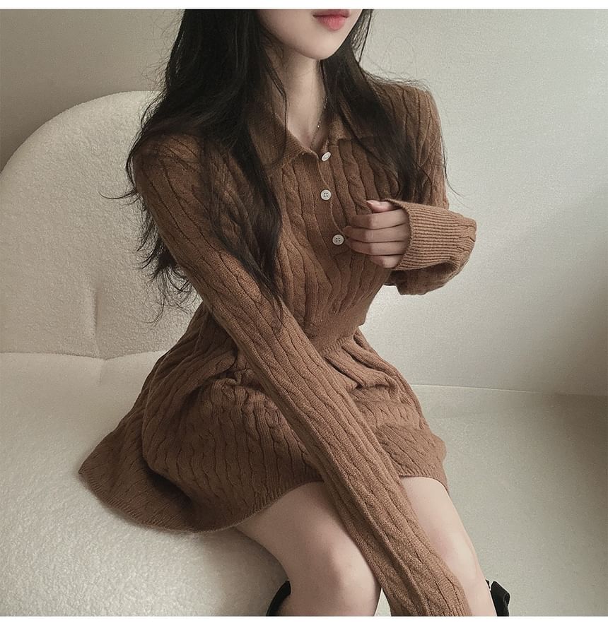 Cable-Knit Cropped Polo Sweater and Pleated Mini Skirt Set