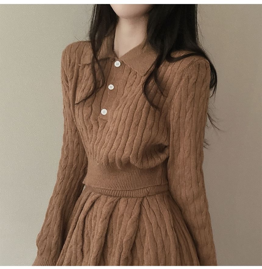 Cable-Knit Cropped Polo Sweater and Pleated Mini Skirt Set