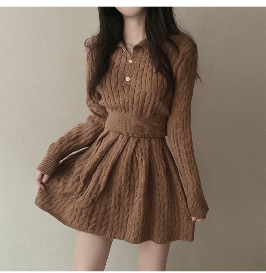 Cable-Knit Cropped Polo Sweater and Pleated Mini Skirt Set