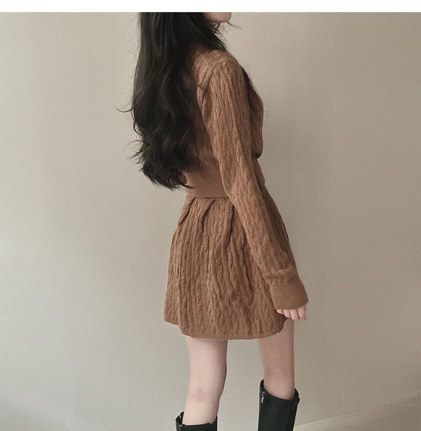 Cable-Knit Cropped Polo Sweater and Pleated Mini Skirt Set