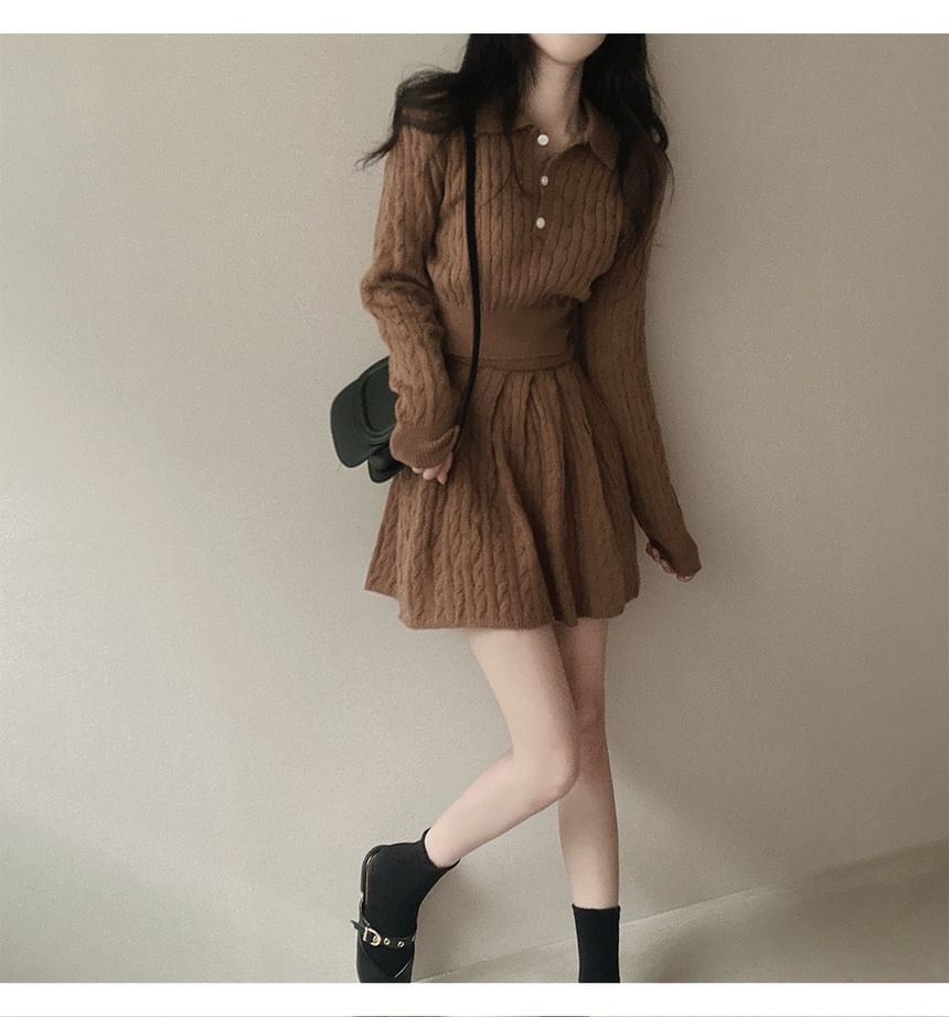 Cable-Knit Cropped Polo Sweater and Pleated Mini Skirt Set