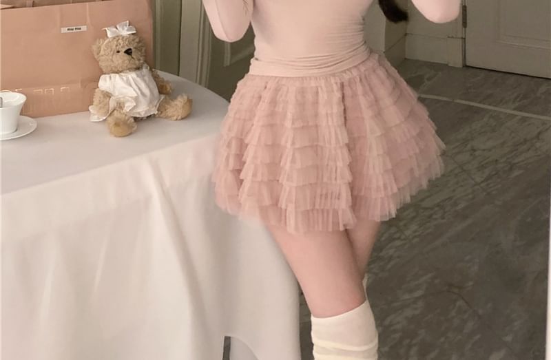 Mock Two-Piece Halter V-Neck Crop Knit Top & High-Rise Tiered Mini A-Line Skirt