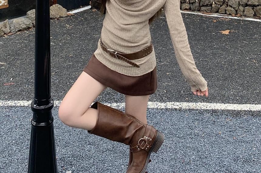 High-Rise Mini A-Line Skirt, Long-Sleeve Cowl Neck Top, V-Neck Lace Crop Tank & Belt Set