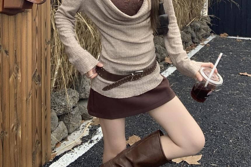High-Rise Mini A-Line Skirt, Long-Sleeve Cowl Neck Top, V-Neck Lace Crop Tank & Belt Set