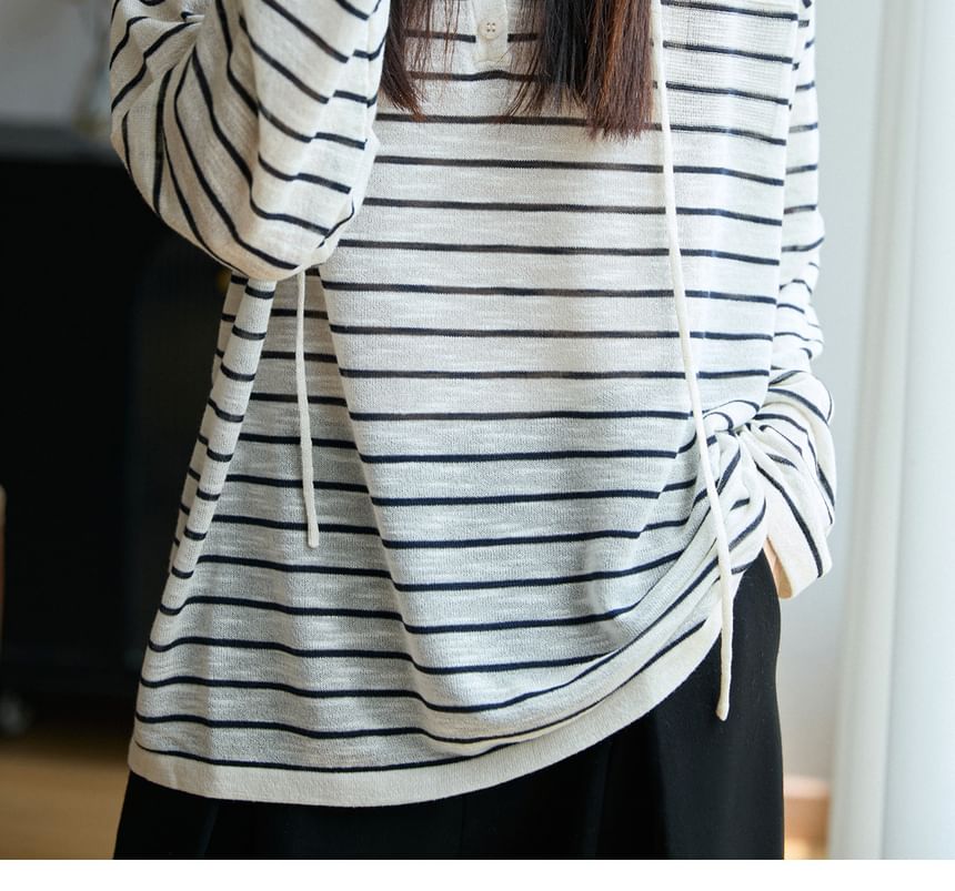 Striped Hooded Henley Long-Sleeved Tee