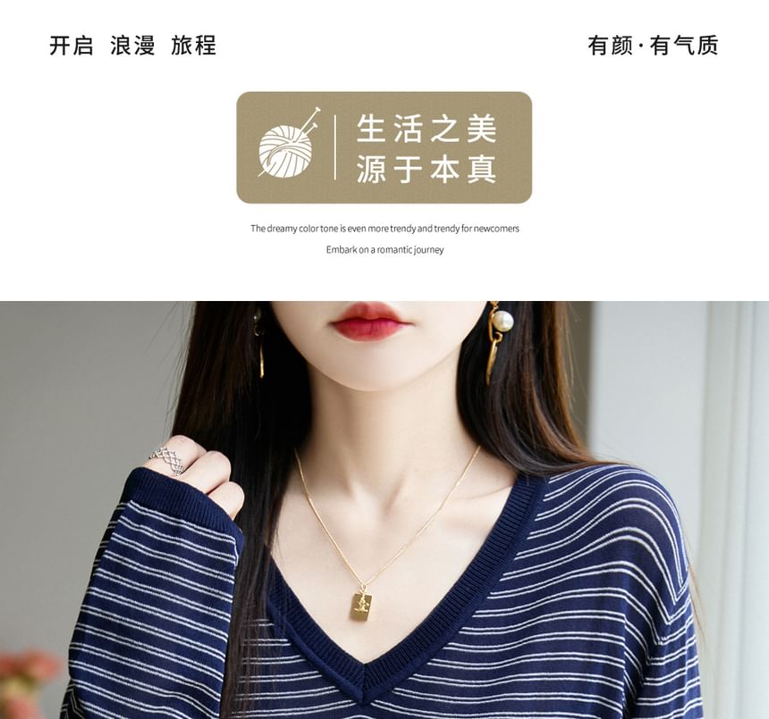 Striped V-Neck Long-Sleeved T-Shirt